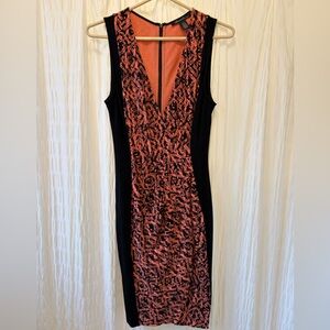 Kenneth Cole New York Black and Coral V-Neck Midi Sheath Dress